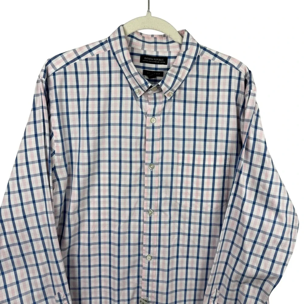Banana Republic Shirt Grant Fit Men's XL Pink‎ Blue Plaid Cotton Button Down